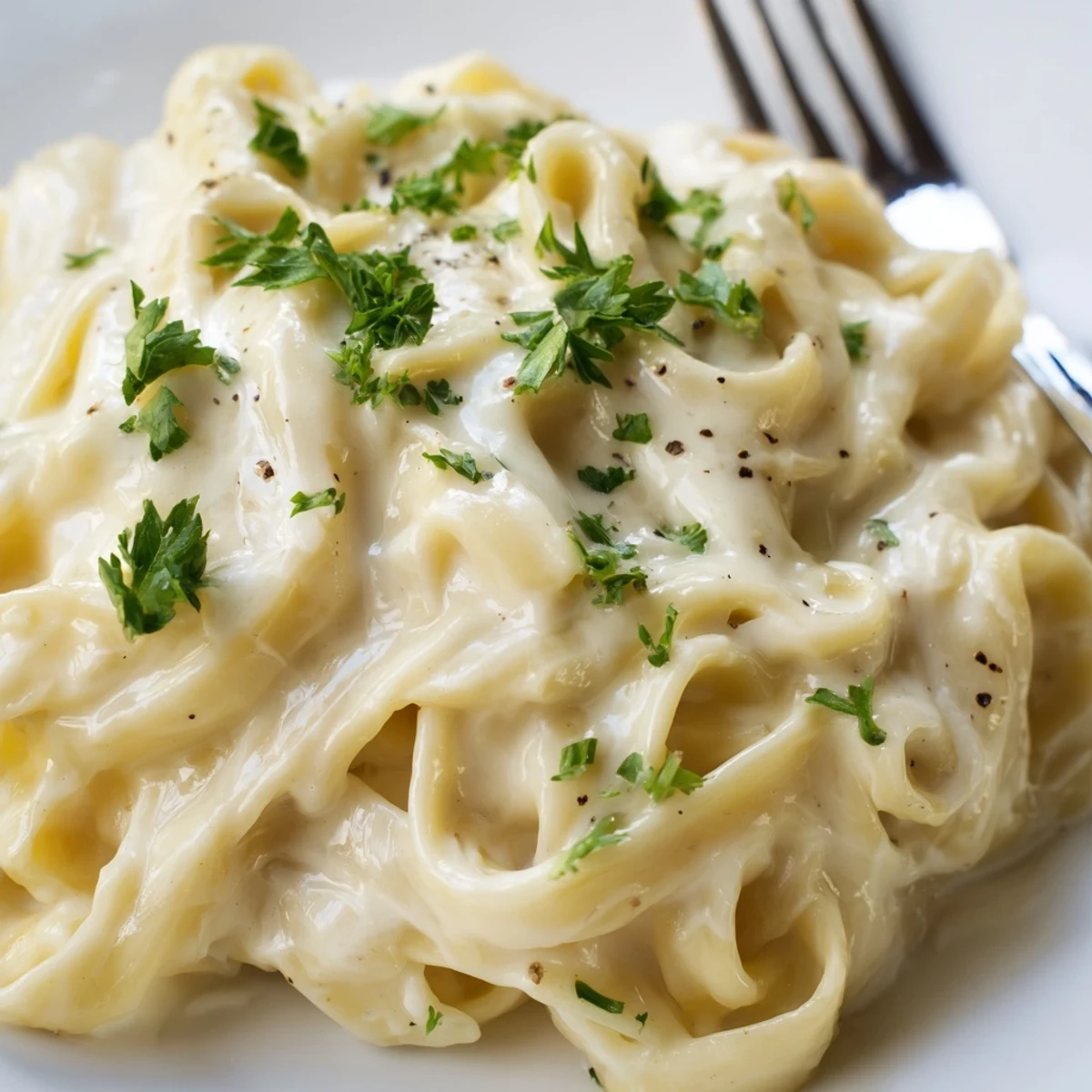 A close-up of Creamy Alfredo Sauce with Fettuccine showing rich Parmesan coating every strand on a rustic table.