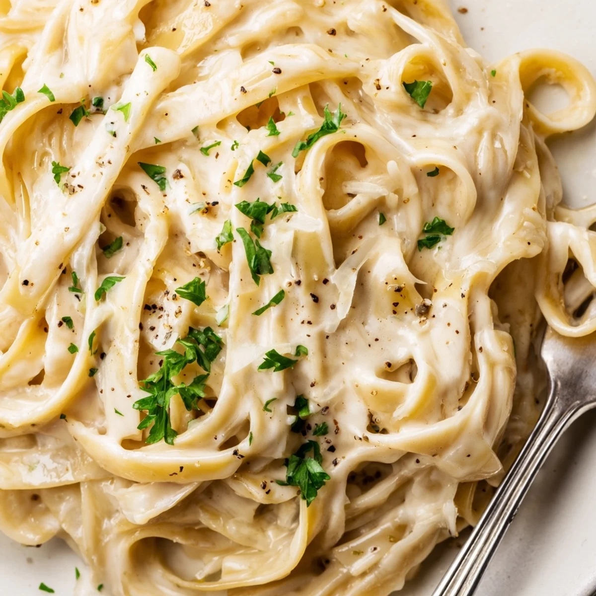 Golden Creamy Alfredo Sauce with Fettuccine twirls in a white bowl, garnished with fresh parsley and Parmesan.