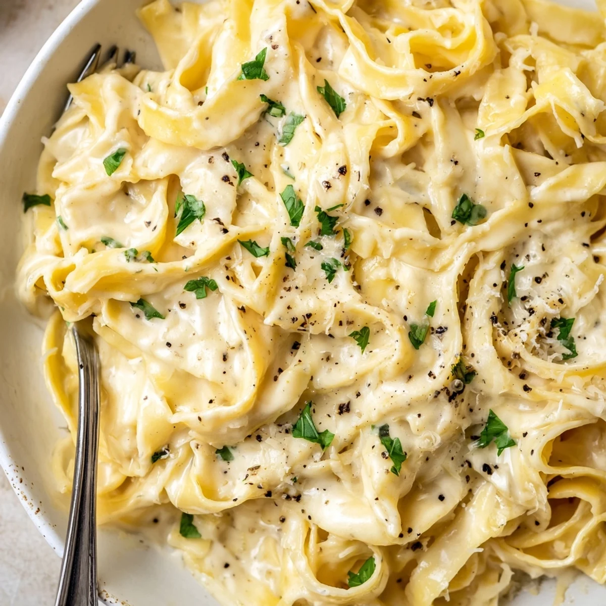 Steaming bowl of Creamy Alfredo Sauce with Fettuccine served with a crisp salad and a glass of white wine.