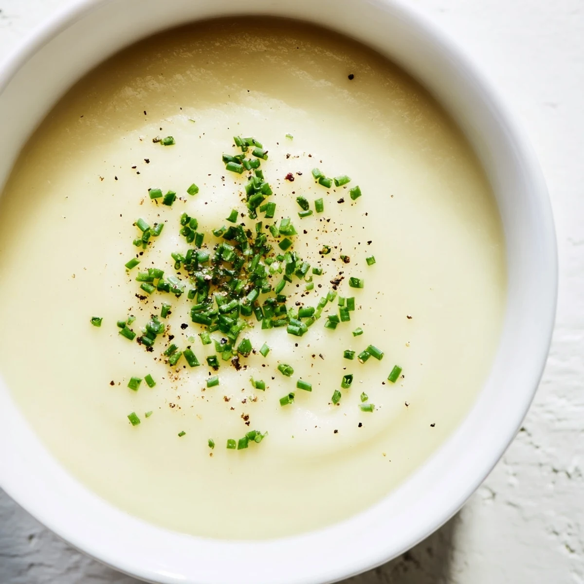 Velvety Creamy Leek Soup with Potatoes in a rustic bowl, topped with fresh chives and cracked pepper.