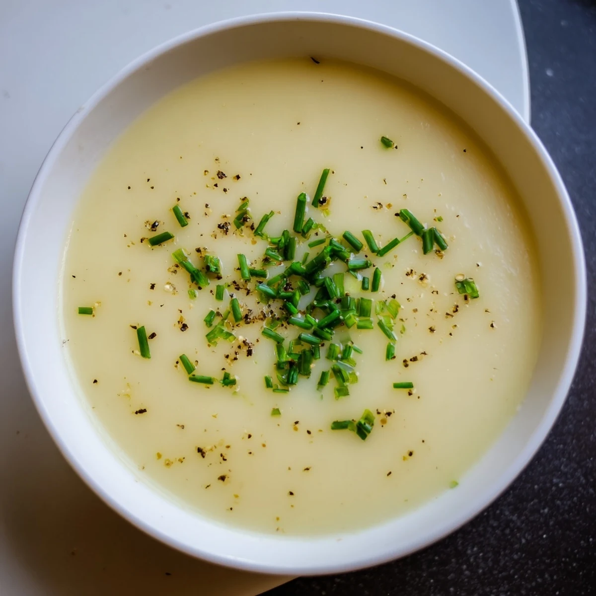 Steam rises from this Creamy Leek Soup with Potatoes, ready to be served alongside warm crusty bread.