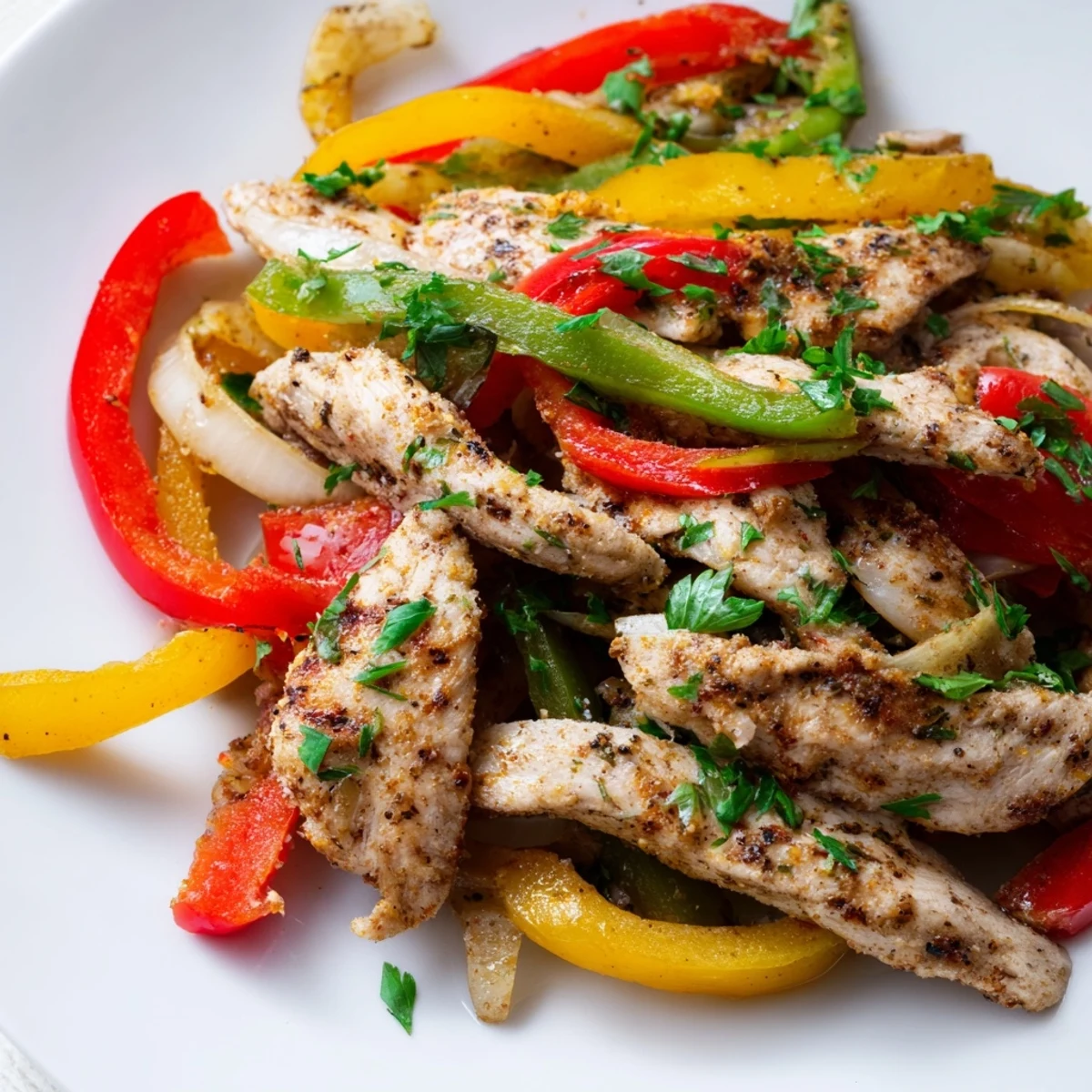 Healthy Turkey Skillet with Peppers garnished with fresh parsley and lemon wedges, served hot straight from the pan for dinner.