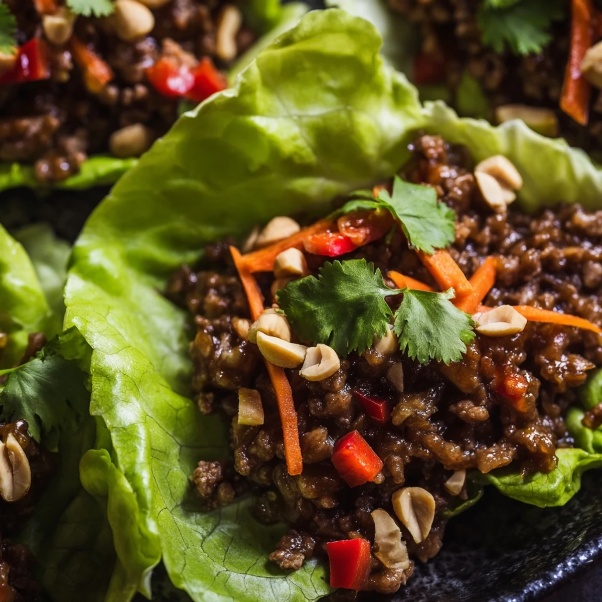 Beef Lettuce Wraps with Peanuts served on a platter with lime wedges and cilantro garnish for squeezing.