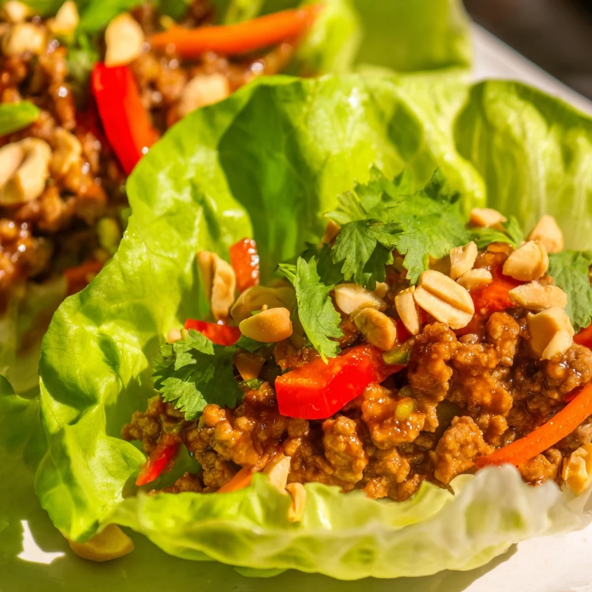 Freshly prepared Beef Lettuce Wraps with Peanuts, finished with cilantro and ready to enjoy as appetizers.