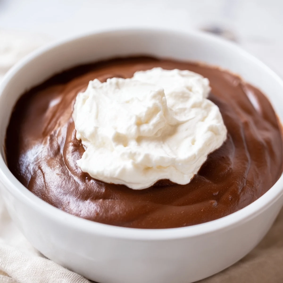 Chocolate Pudding with Cream swirled high in a glass dish, showcasing a silky, rich chocolate base crowned with fluffy whipped cream.