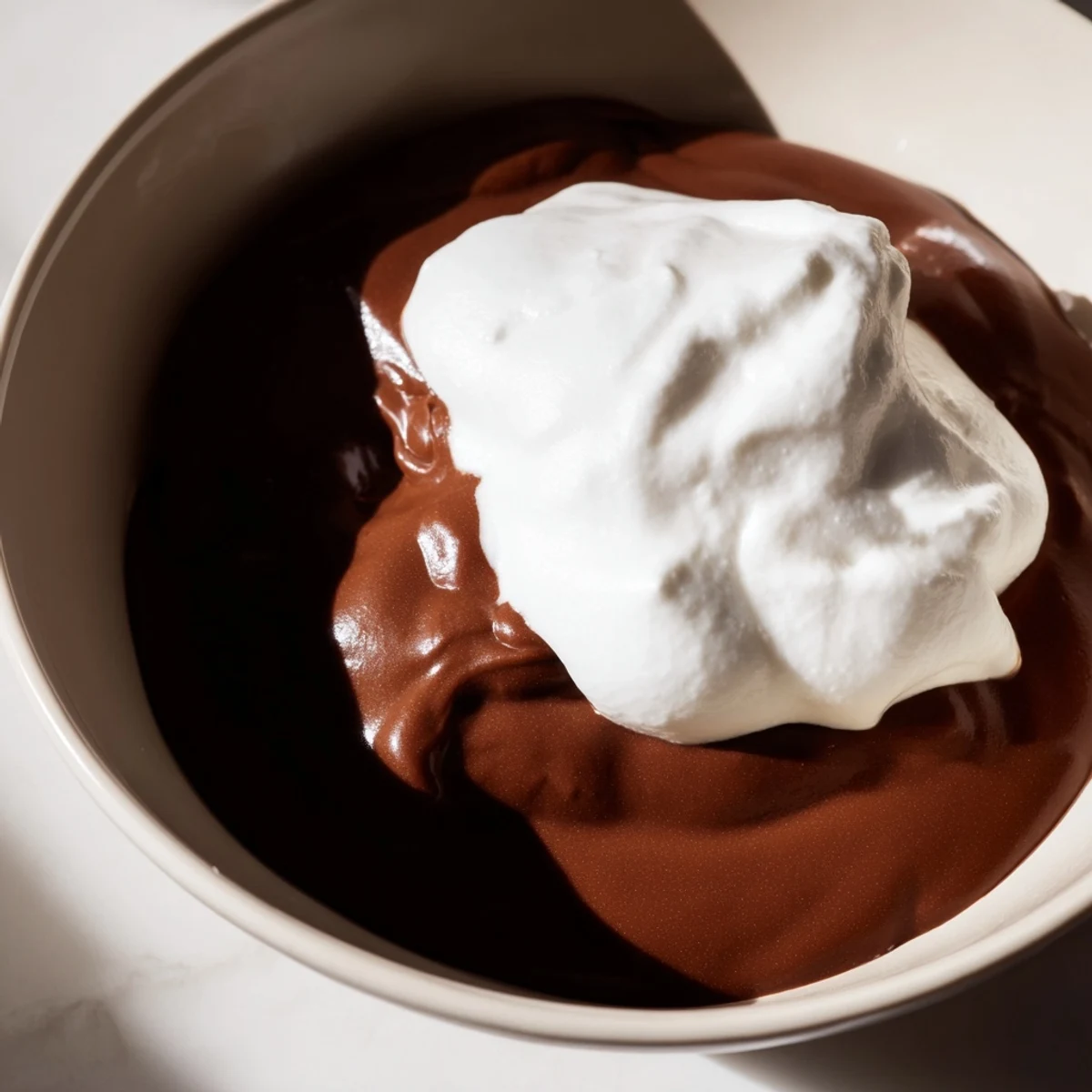 A chilled ramekin of Chocolate Pudding with Cream topped with a perfect dollop, ready to be enjoyed as an easy homemade dessert.