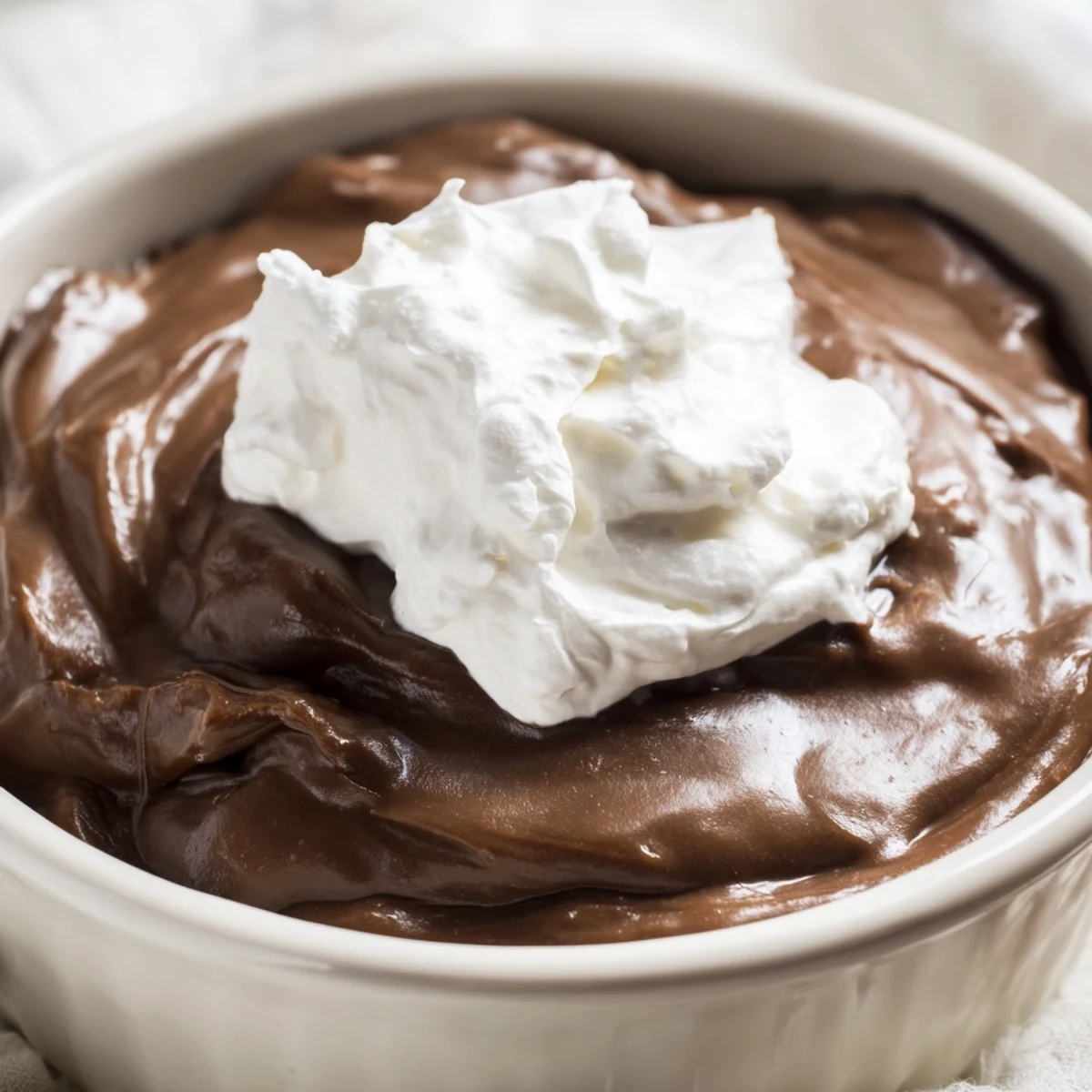 Close-up shot of Chocolate Pudding with Cream revealing smooth, dark chocolate texture beneath a cloud of sweet, freshly whipped cream.