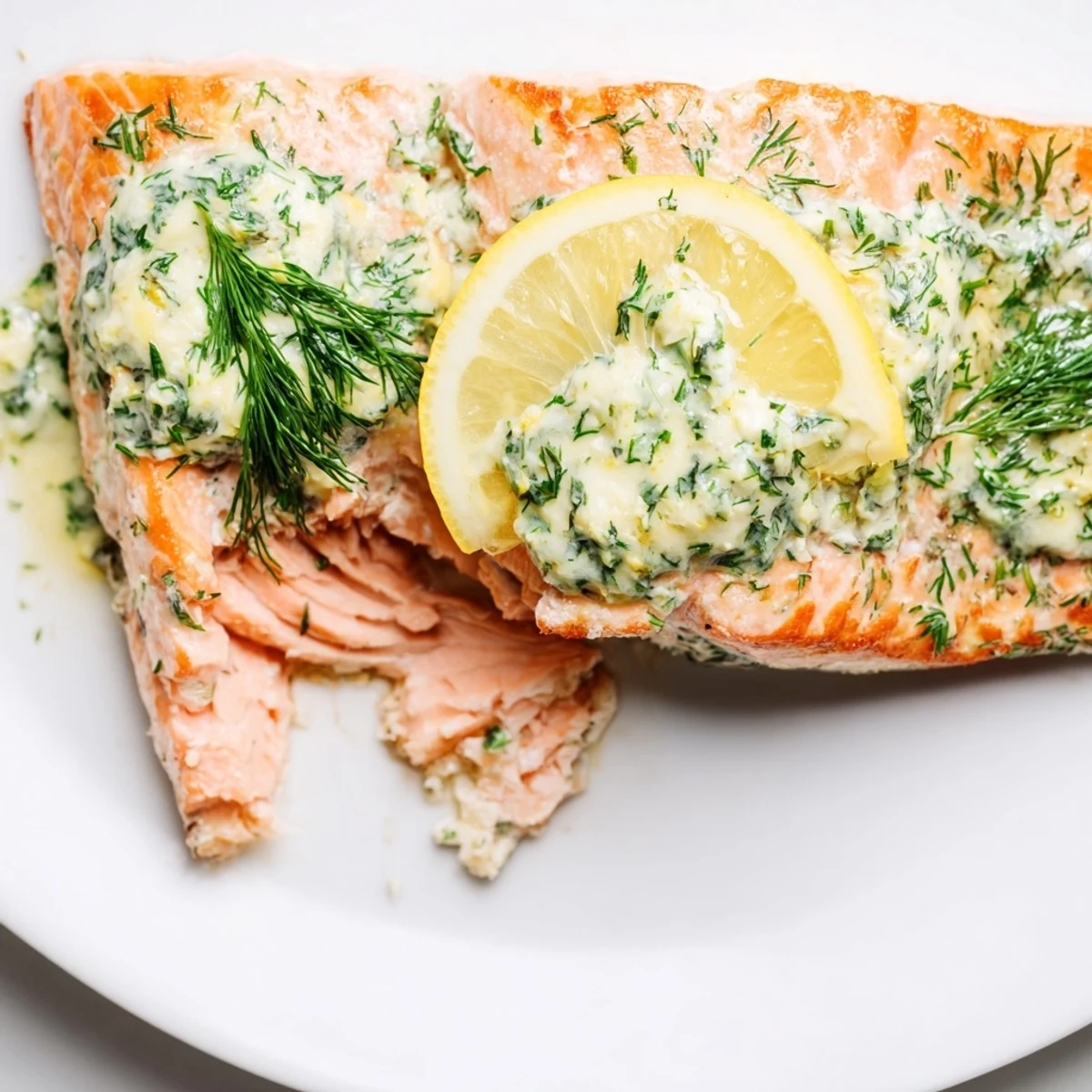 Oven-baked salmon fillets topped with melting dill butter, lemon slices, and fresh herbs on a baking sheet.