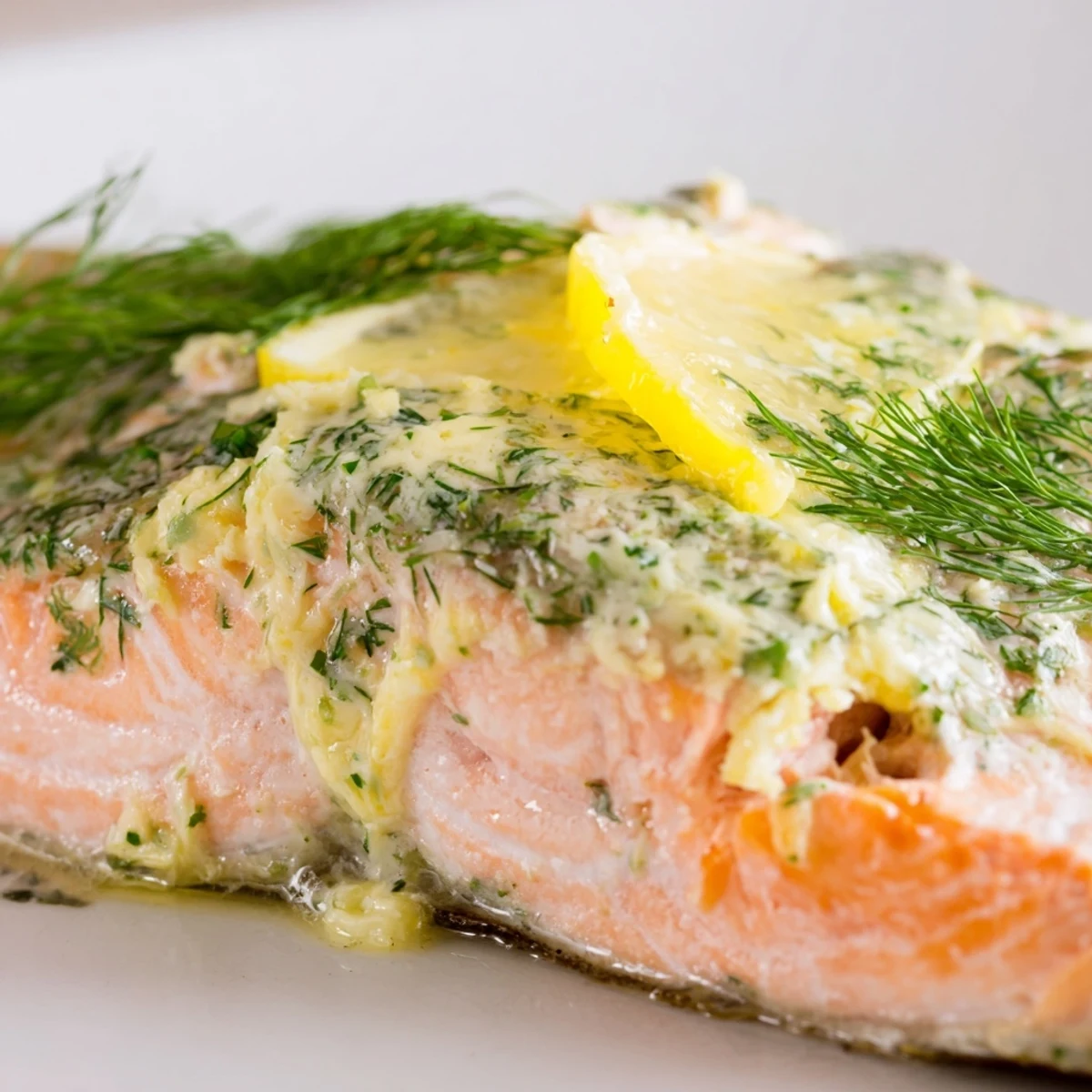Close-up of golden Baked Salmon with Dill Butter, showing tender pink flakes and a bright herb garnish.
