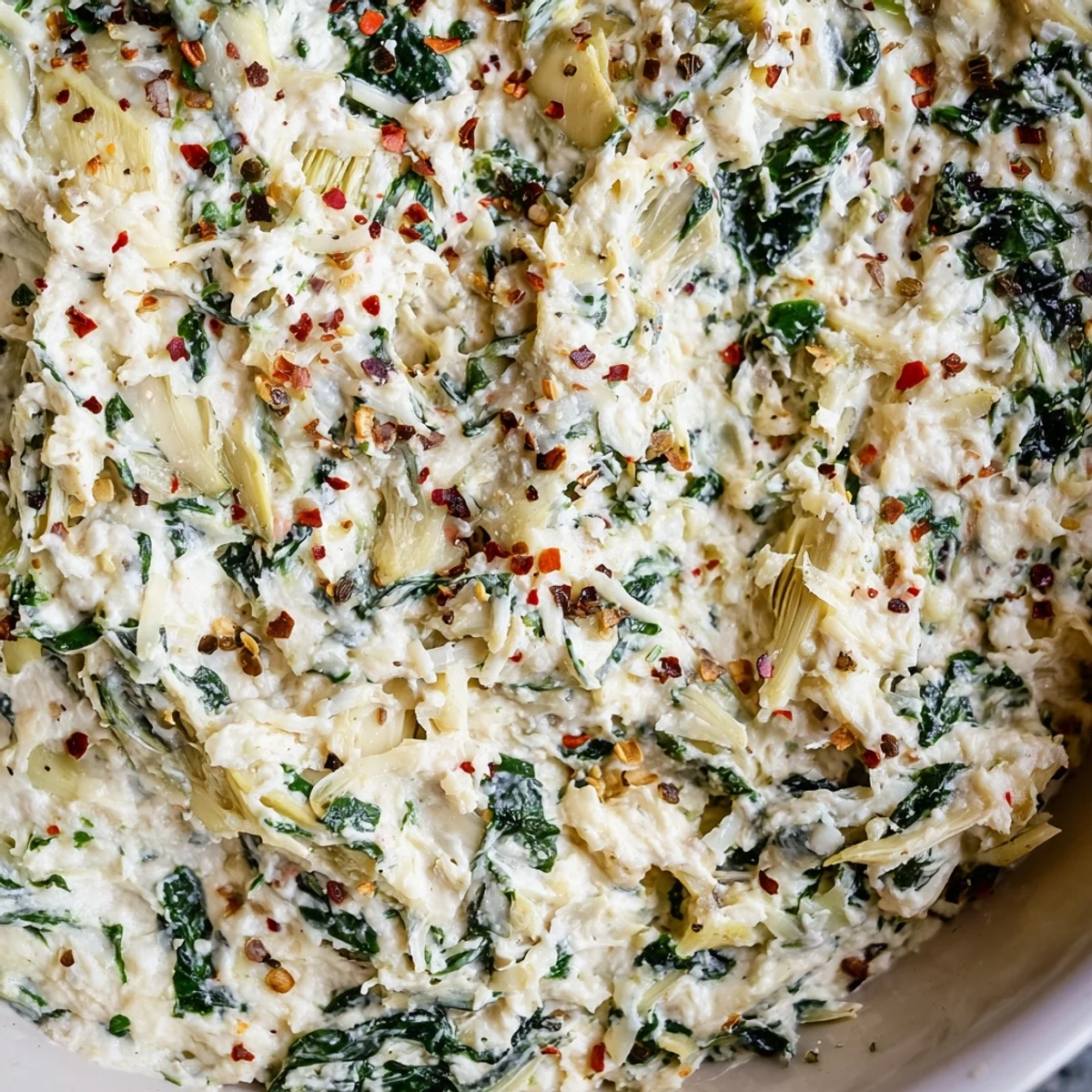 A close-up of rich Creamy Spinach Artichoke Dip topped with golden cheese, ready to scoop with crisp tortilla chips.