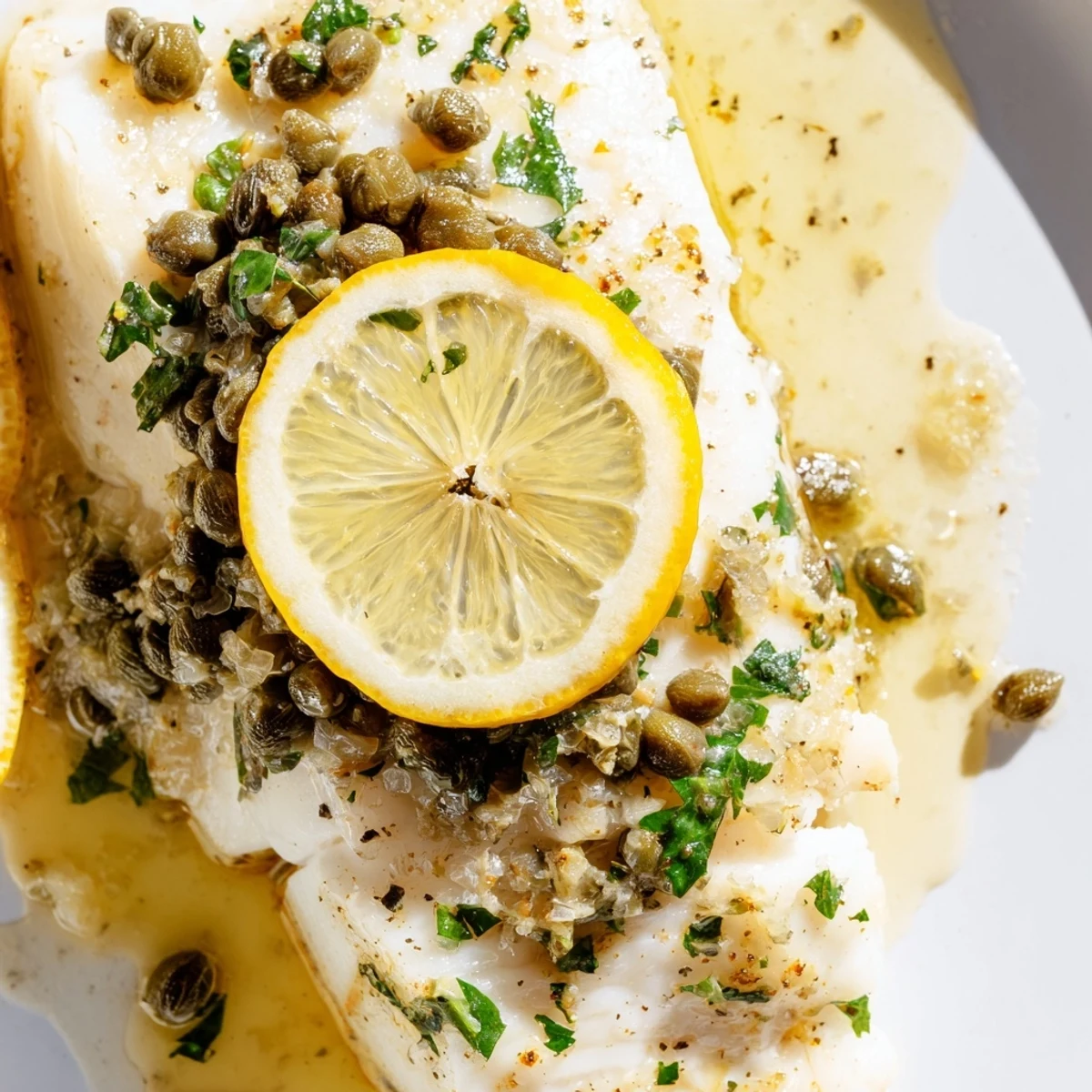 A close-up of Baked Halibut with Lemon Capers, its golden edges flaking easily to reveal moist, white interior, topped with bright green capers and fresh parsley.