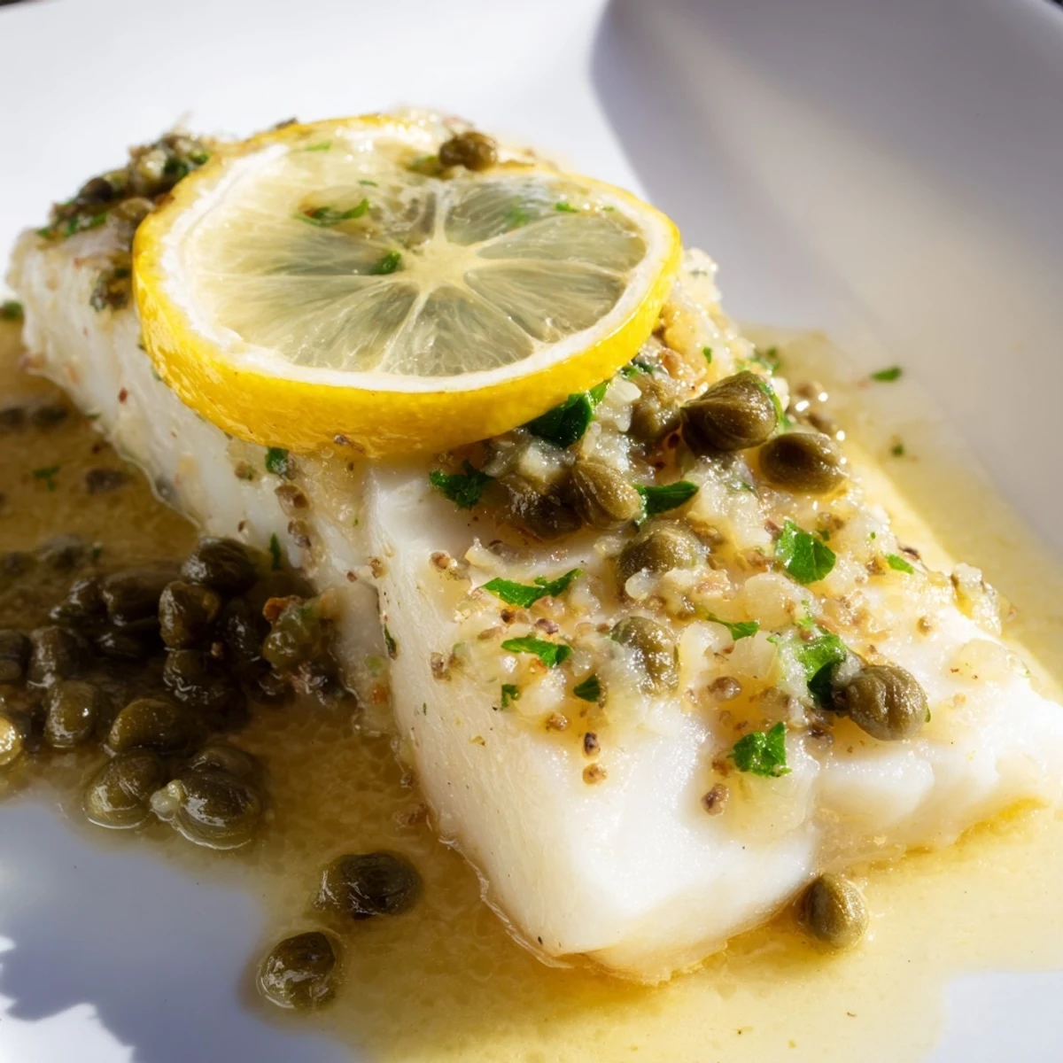 Bright, elegant plating of Baked Halibut with Lemon Capers, the flaky fillet glistening with yellow lemon butter sauce and a garnish of lemon rounds.