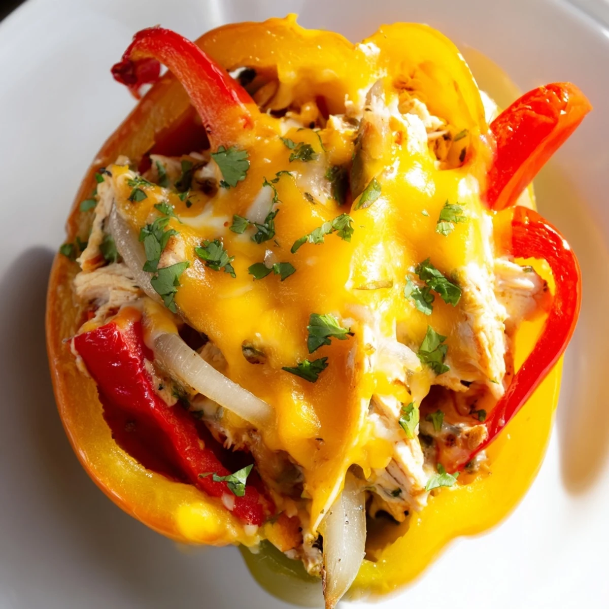 Golden-brown, cheese-melted Chicken Fajita Stuffed Peppers filled with tender chicken and sautéed vegetables, served hot from the oven.