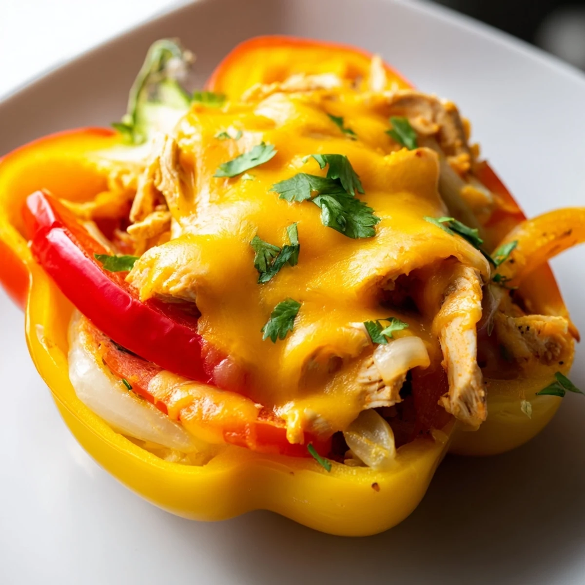 Freshly baked Chicken Fajita Stuffed Peppers overflowing with savory filling, topped with melted cheese and fresh cilantro garnish.