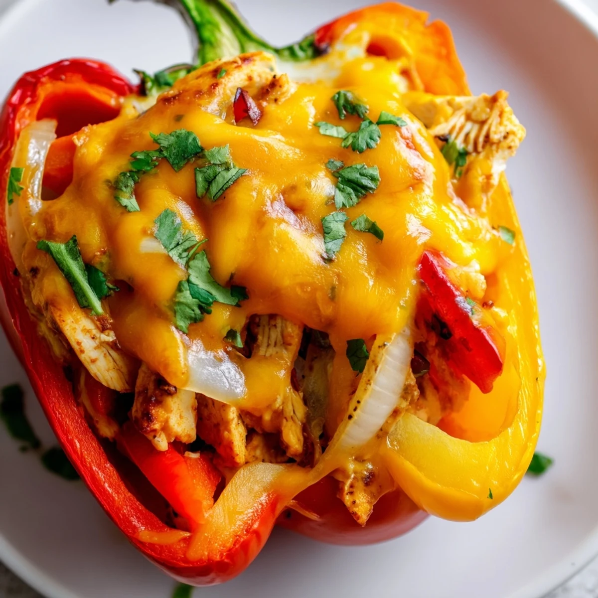 Juicy Chicken Fajita Stuffed Peppers resting in a baking dish, featuring colorful peppers and a side of zesty lime wedges.