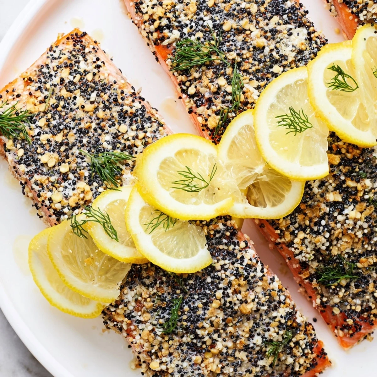 Golden, flaky Baked Salmon with Everything Bagel Seasoning garnished with lemon wedges and fresh dill on a rustic wooden serving board.