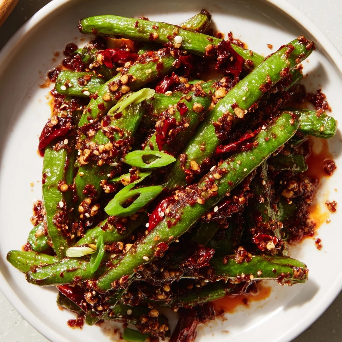 Blistered Spicy Szechuan Green Beans glistening with sesame oil and tossed with aromatic garlic and ginger.