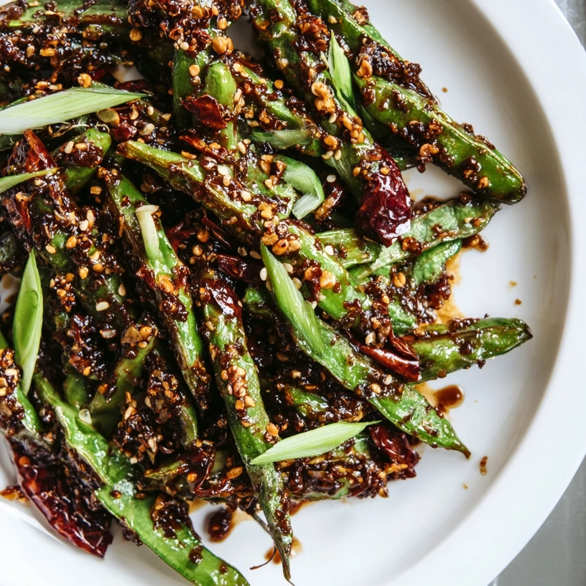 Hot Spicy Szechuan Green Beans served alongside fluffy steamed rice and fresh scallion garnish.