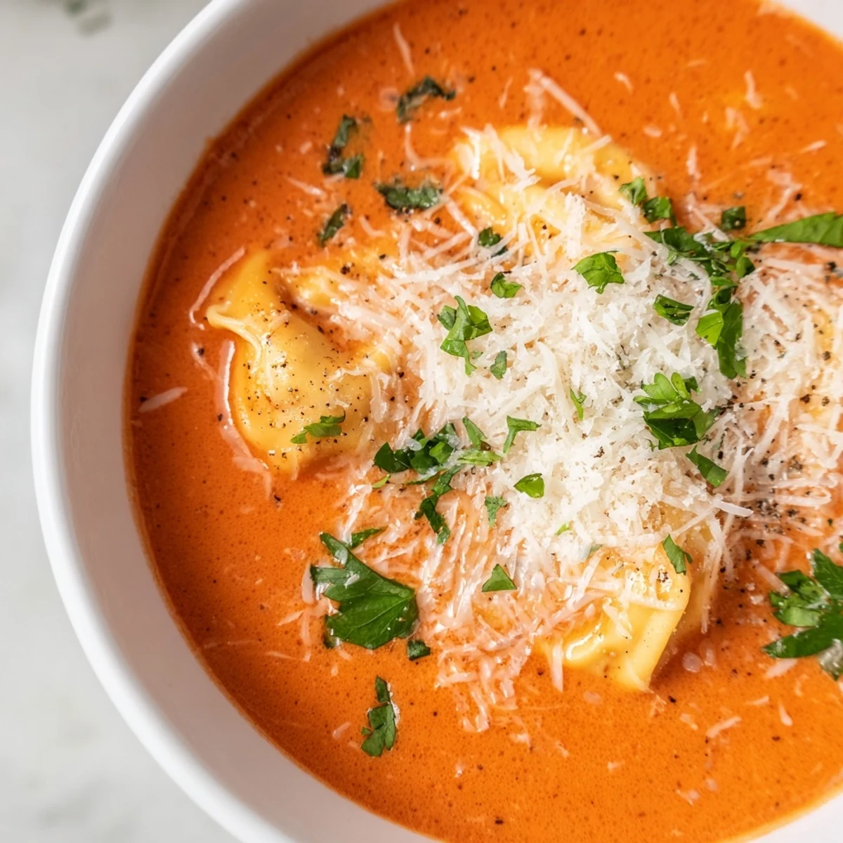 Creamy Tomato Tortellini Soup served steaming hot in a rustic bowl, garnished with fresh basil and grated Parmesan for a comforting Italian dinner.