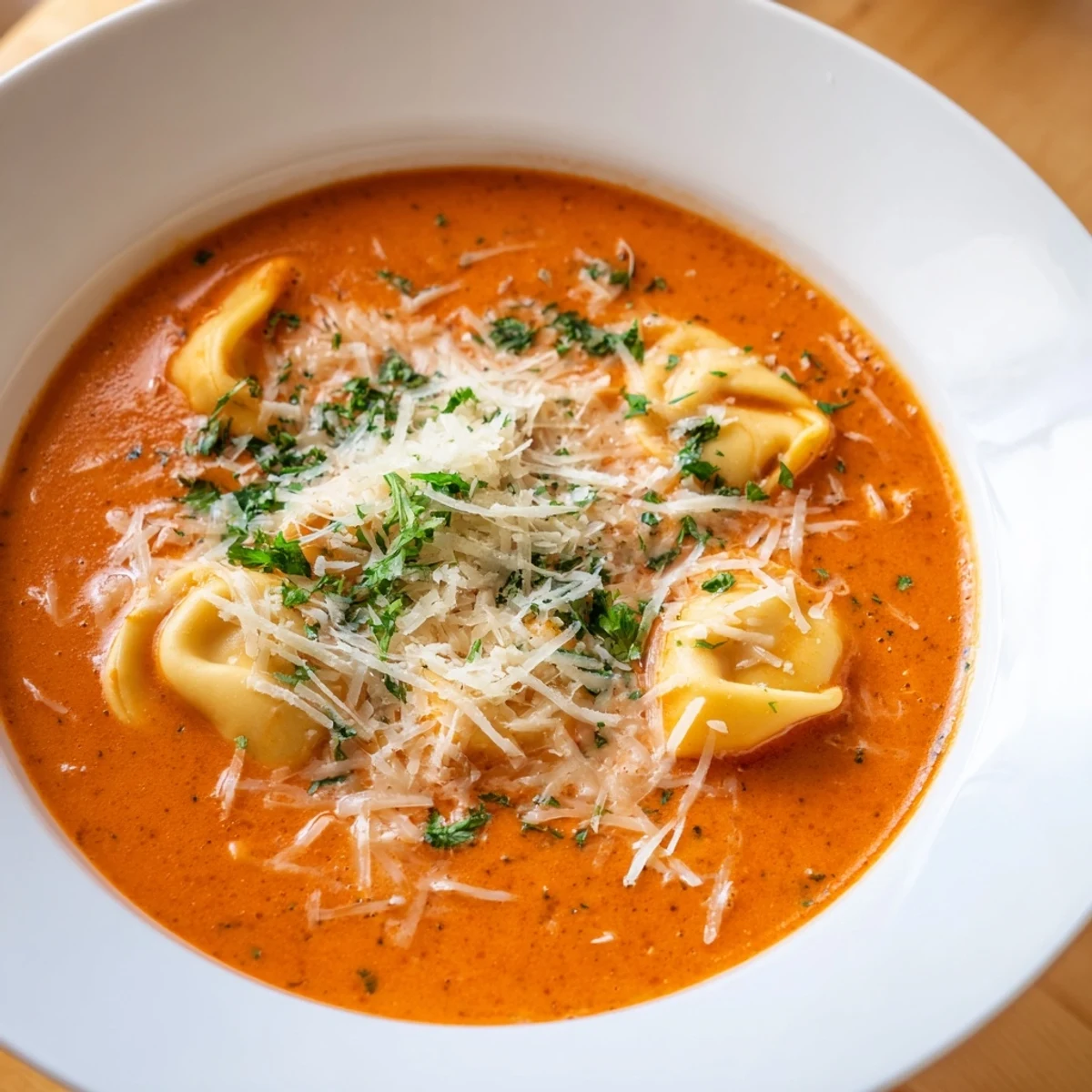 A spoon dipping into velvety Creamy Tomato Tortellini Soup reveals cheesy tortellini, perfect for pairing with crusty bread on a cozy weeknight.