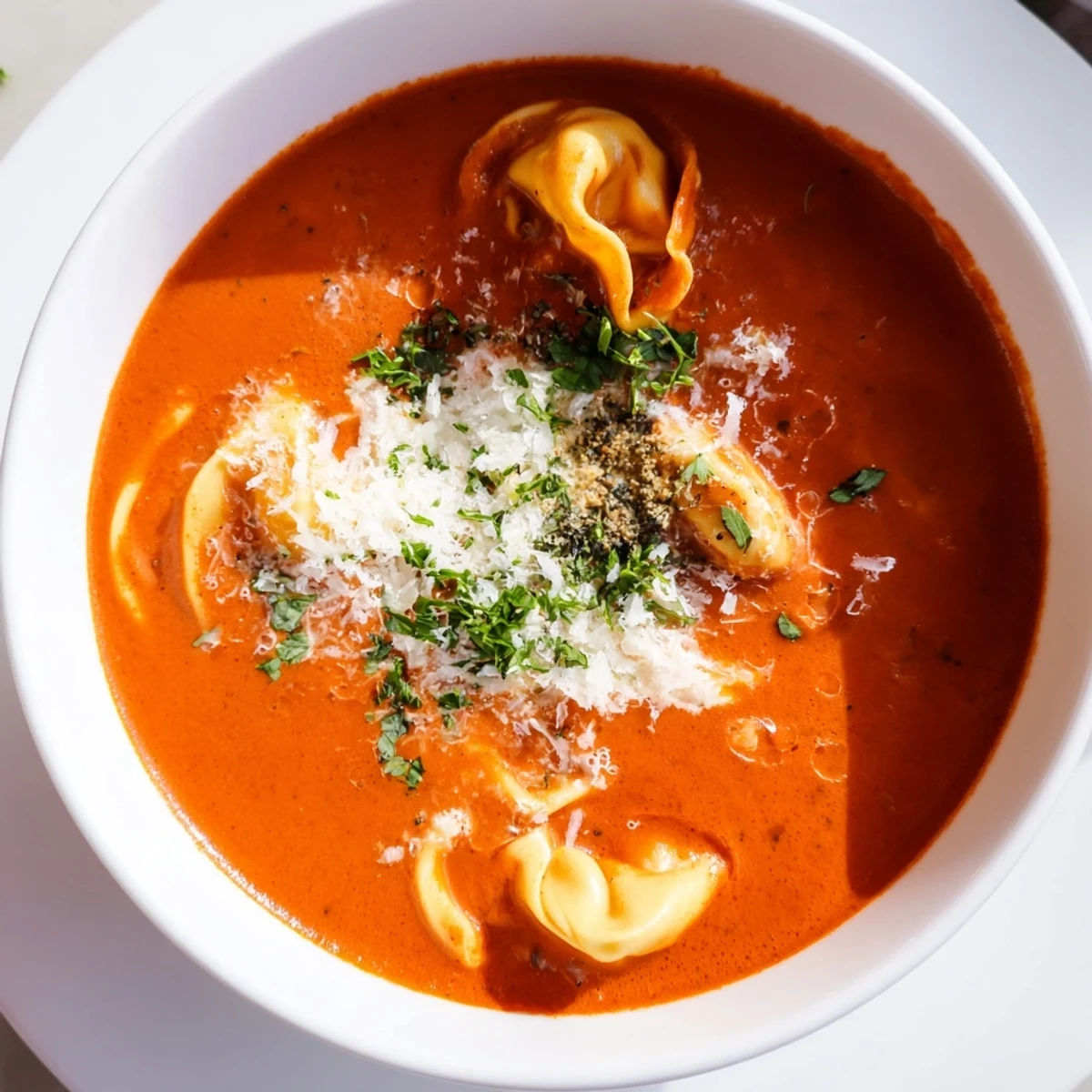 Close-up of Creamy Tomato Tortellini Soup with fresh parsley garnish, a rich red broth with tender pasta, ideal for vegetarian family meals.