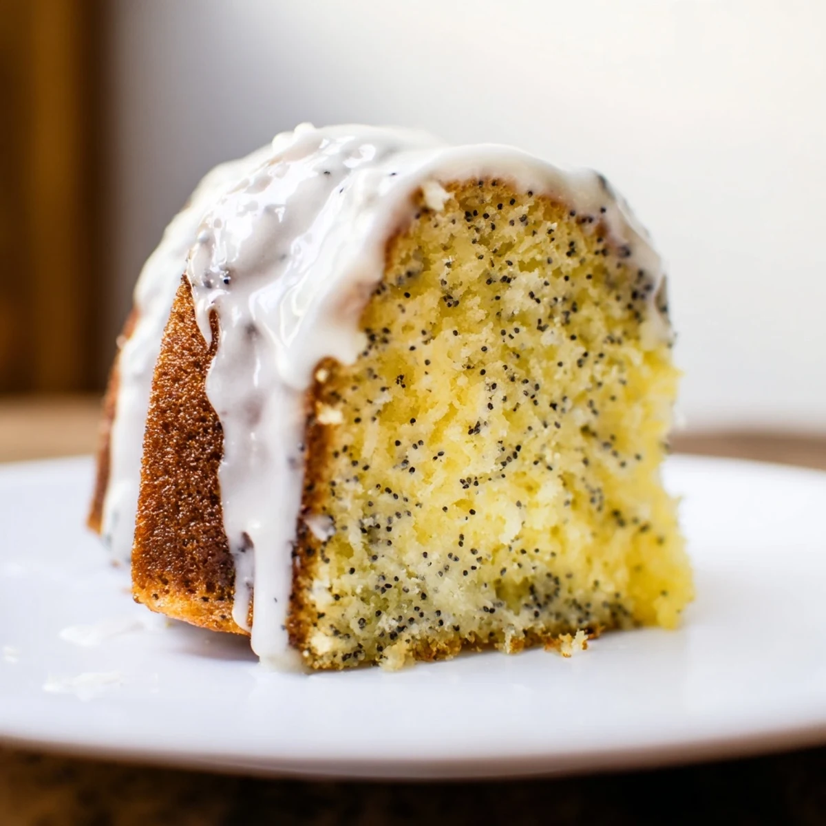 Freshly glazed Lemon Poppy Seed Bundt cake with vibrant yellow drips and poppy seeds on a marble counter. 