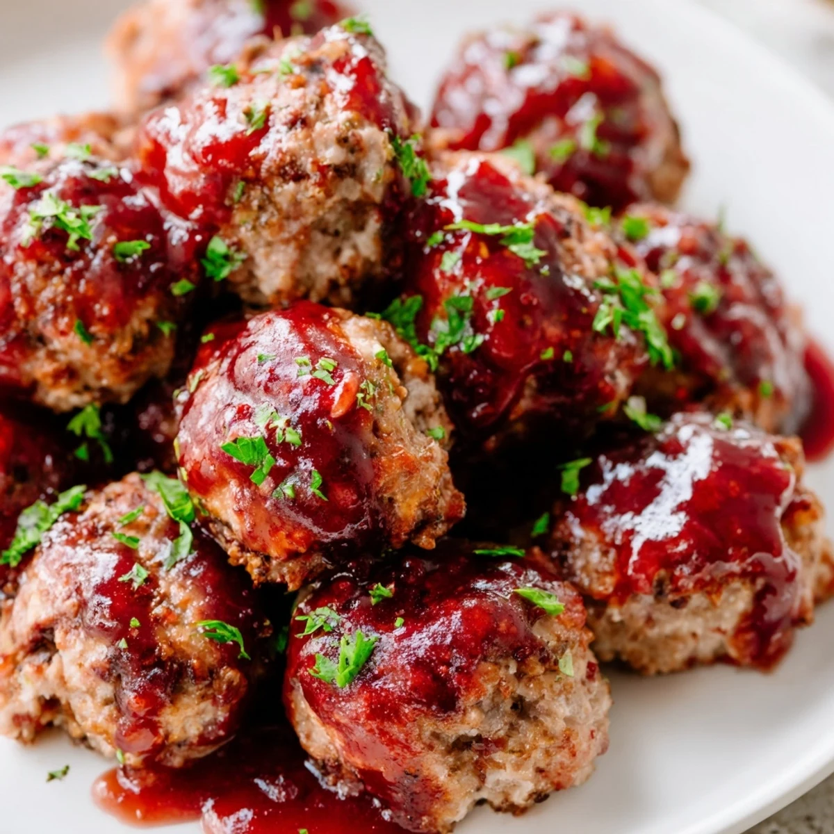 Freshly baked turkey meatballs with cranberry glaze on a white plate, garnished with parsley and orange zest.