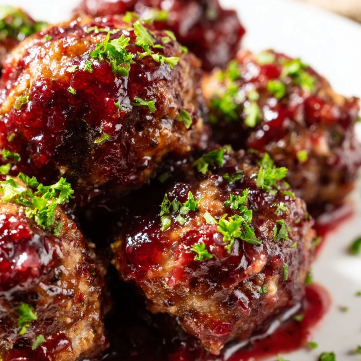 A spoon drizzling sweet-tart cranberry glaze over juicy turkey meatballs, served with a glass of Pinot Noir.