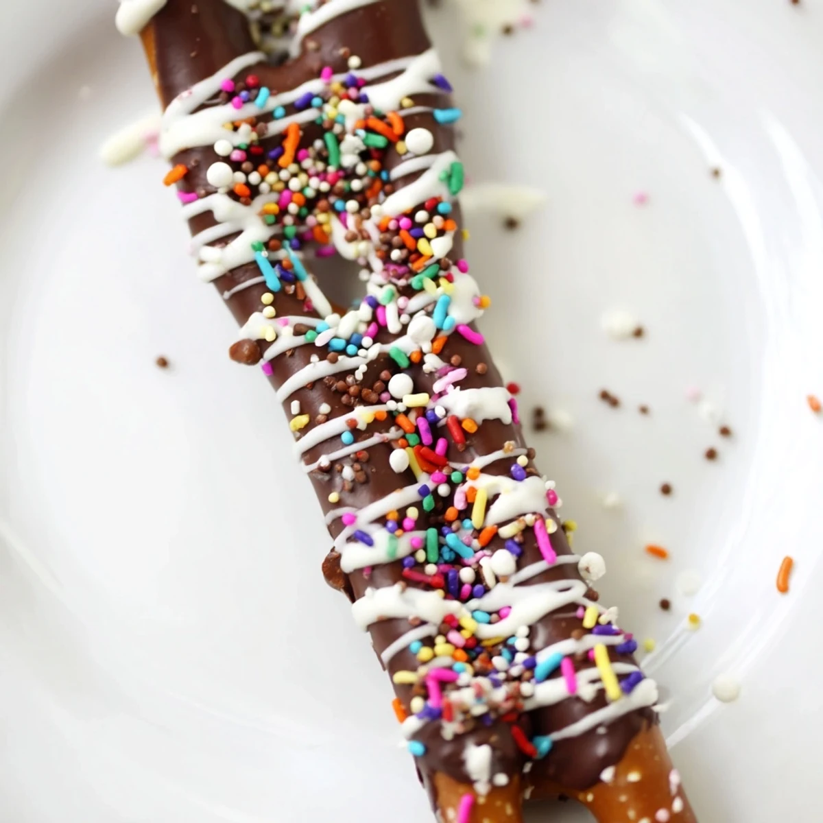 Five Chocolate Covered Pretzel Rods arranged on a parchment-lined tray with colorful rainbow sprinkles.