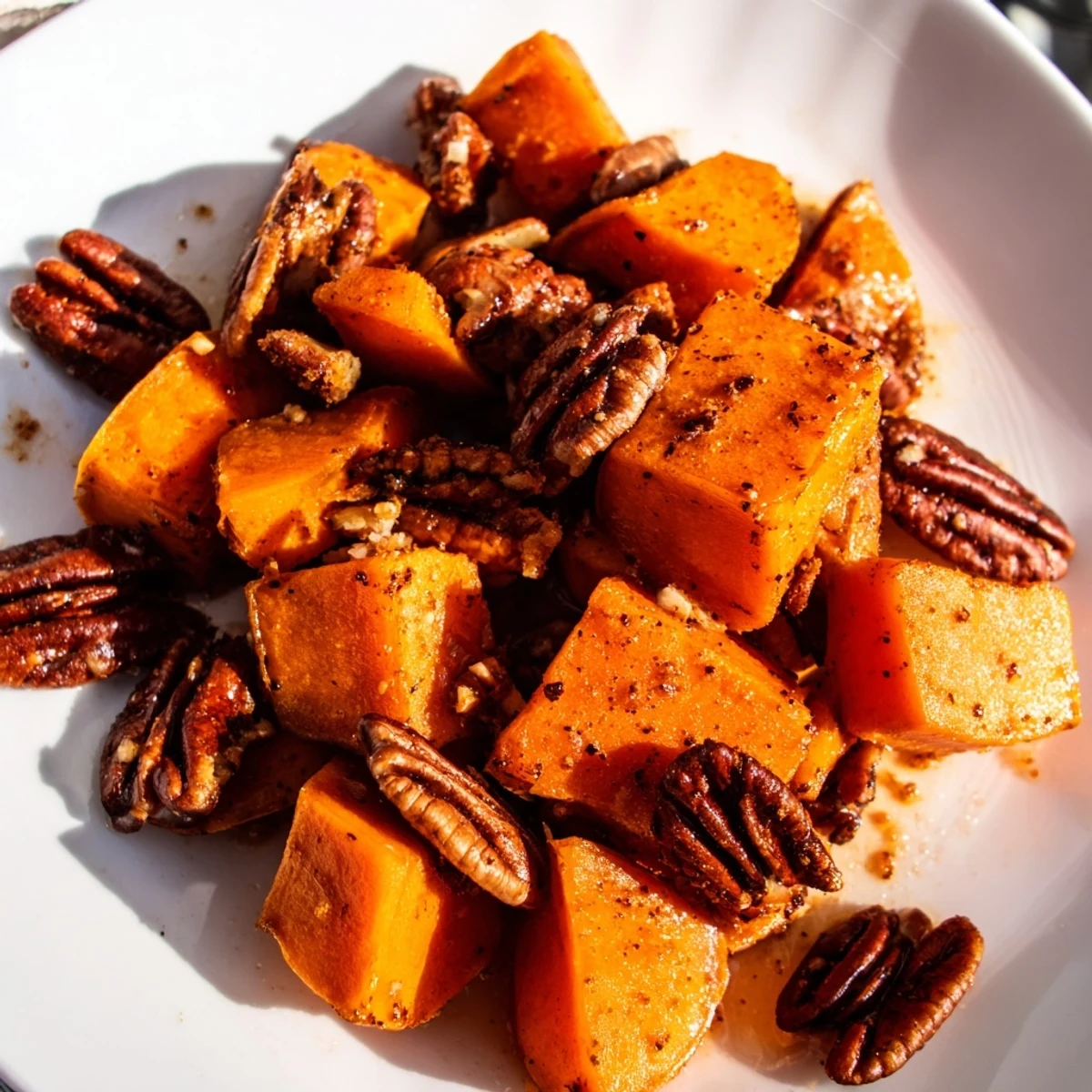 A close-up of roasted sweet potatoes with pecans revealing tender orange flesh and crunchy toasted nut pieces.