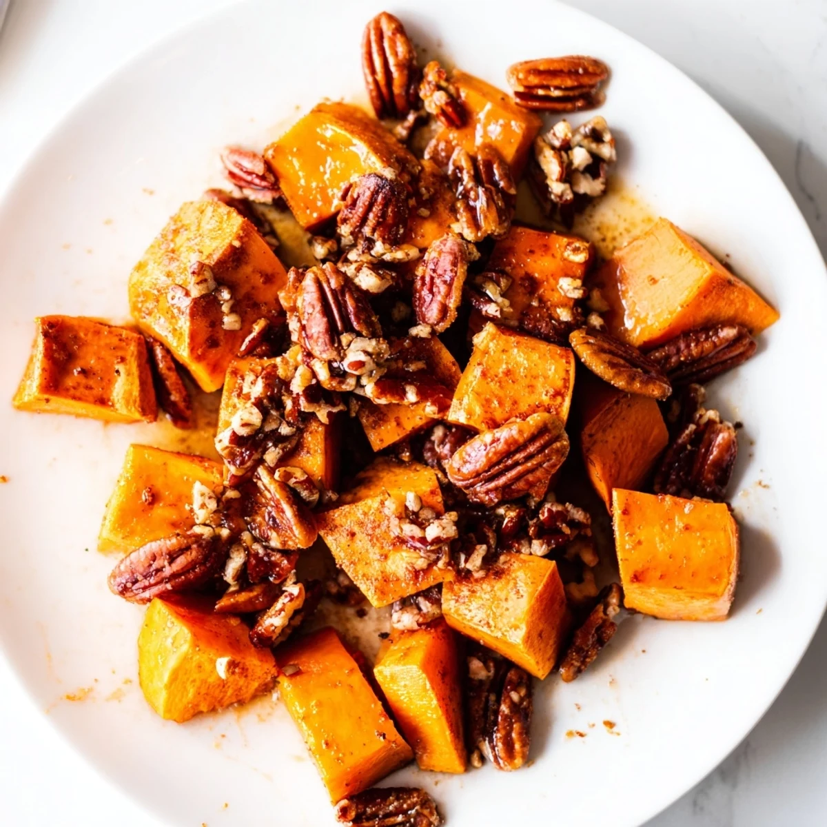 Golden cubes of roasted sweet potatoes with pecans glistening with maple syrup on a parchment-lined sheet pan.