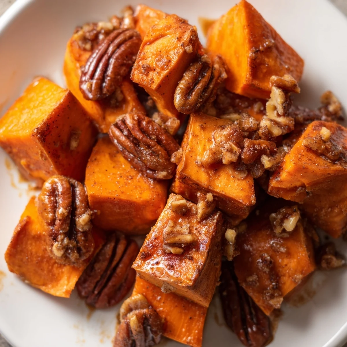 Serve roasted sweet potatoes with pecans alongside roast chicken for a cozy gluten-free vegetarian side dish.