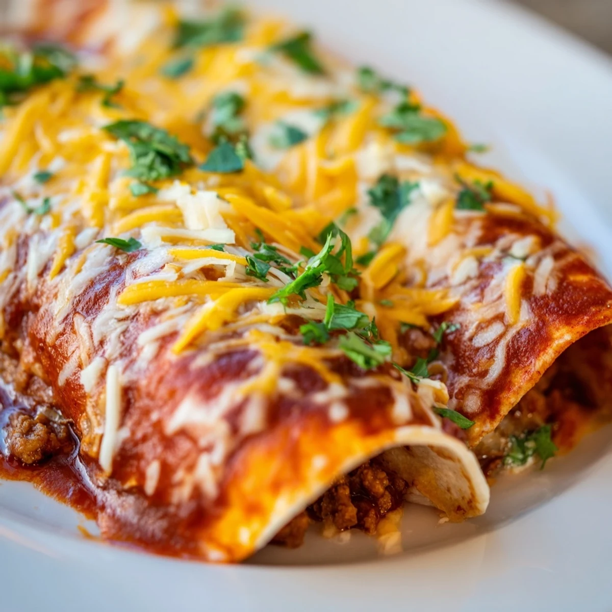 Golden, bubbly beef enchiladas with red sauce are topped with fresh cilantro and sour cream in a white baking dish.