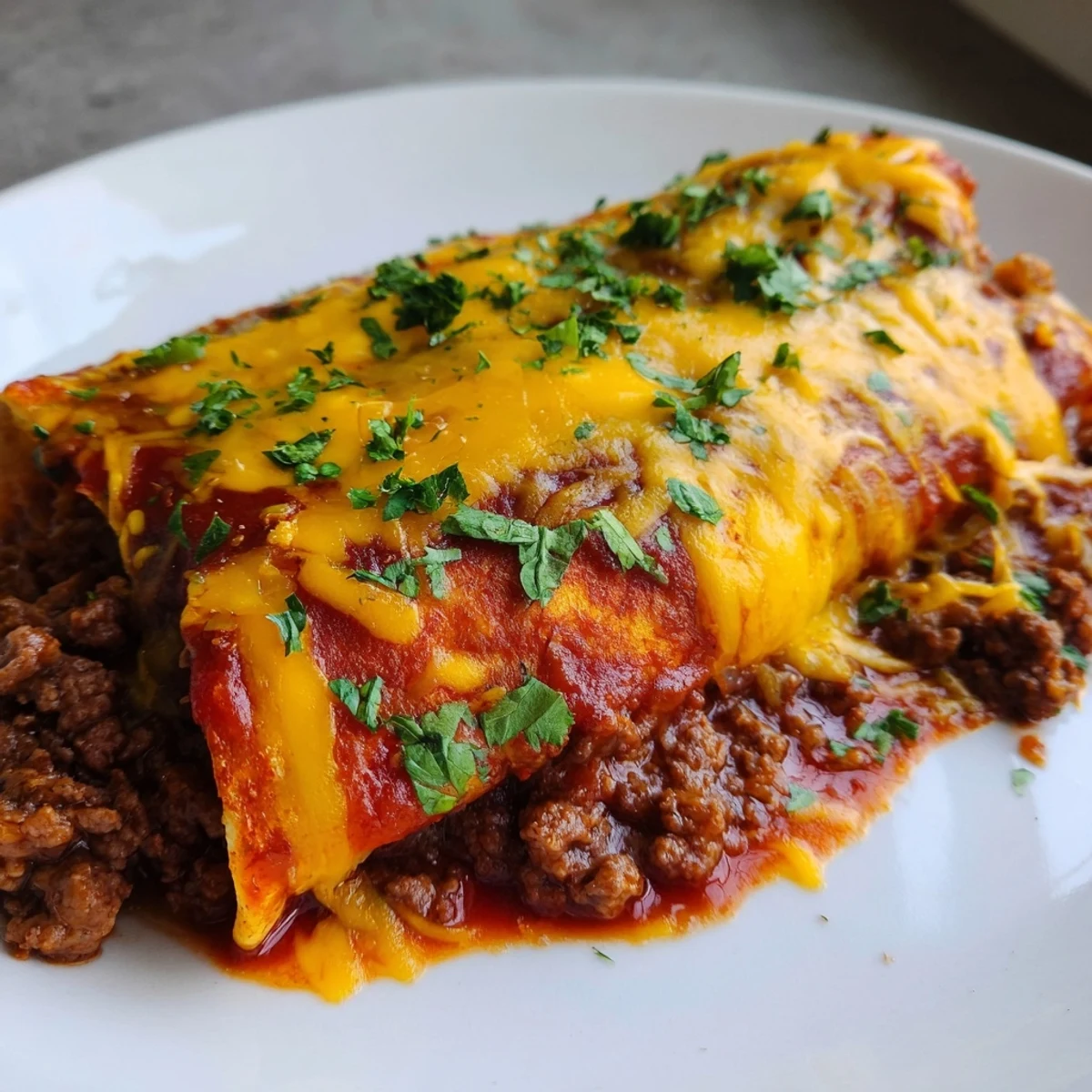 Mexican-inspired Beef Enchiladas with Red sauce sit on a plate with a dollop of sour cream and a side of rice.