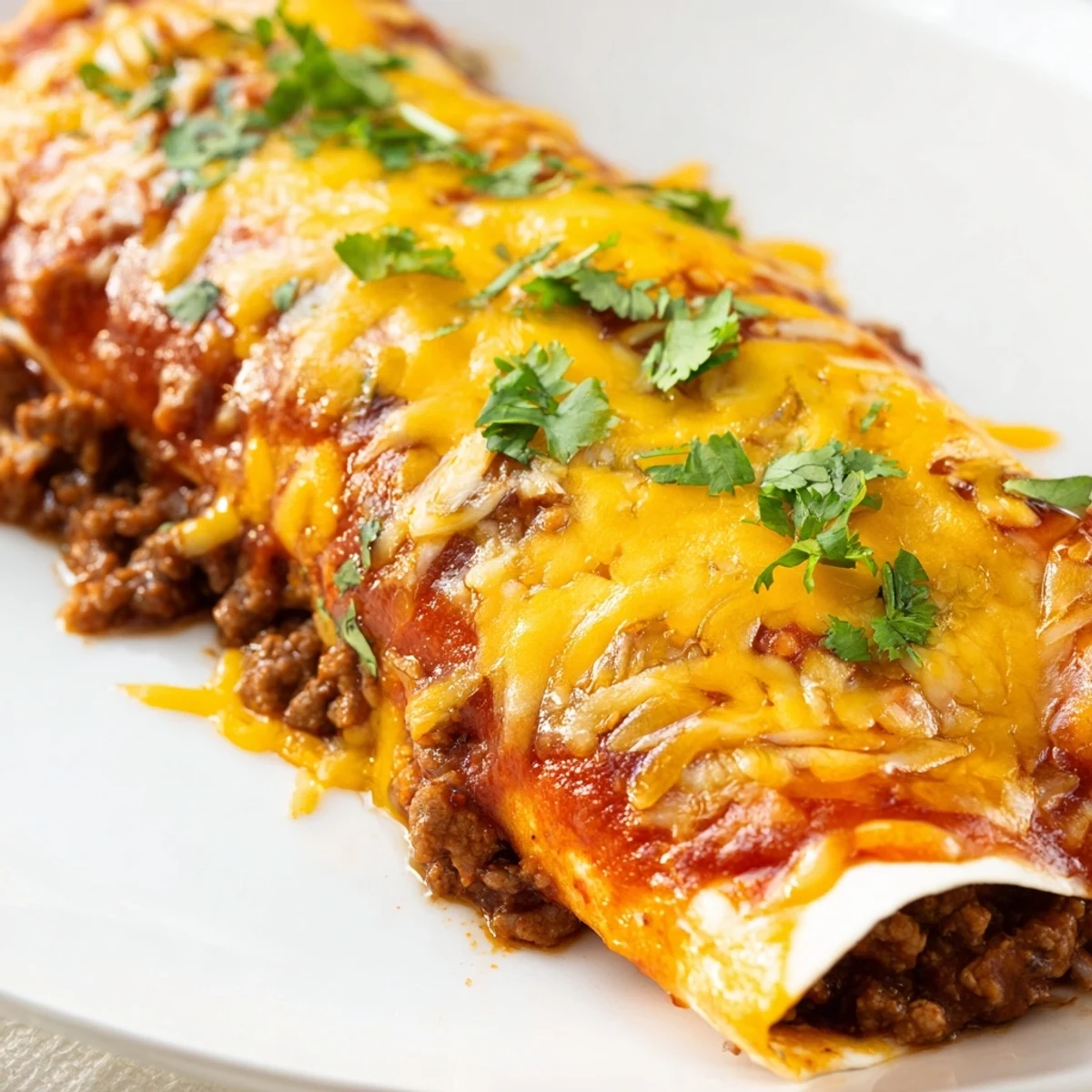 Hearty Beef Enchiladas with Red Sauce are rolled with ground beef, covered in spicy sauce, and baked until golden brown.