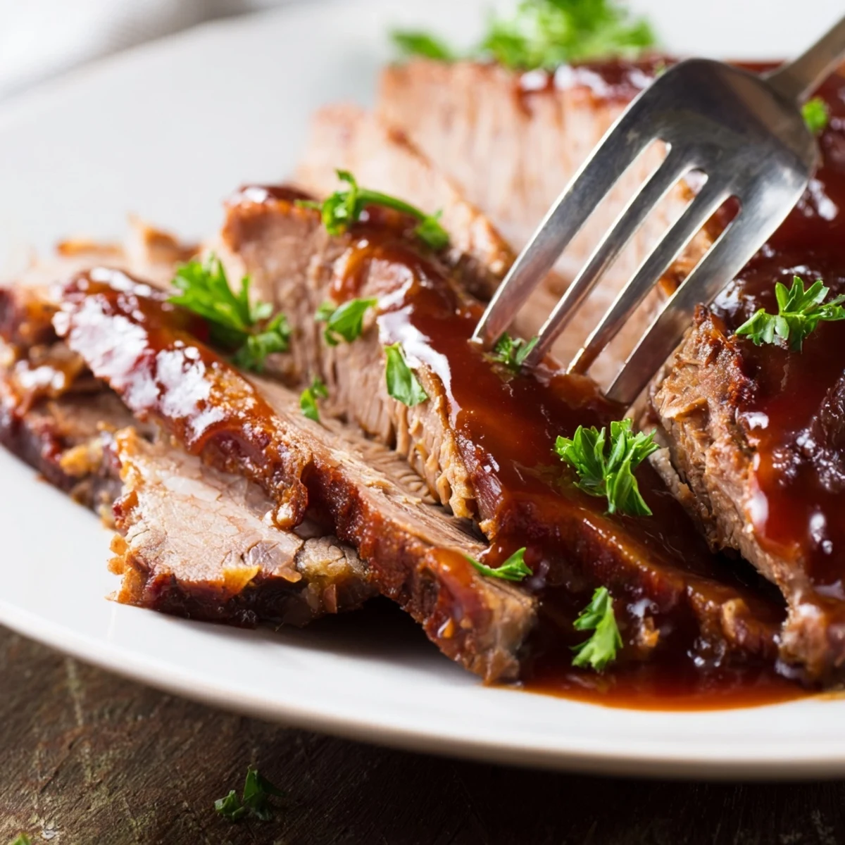 Tender slices of Slow Cooker Beef Brisket served with soft roasted carrots and onions on a rustic plate.