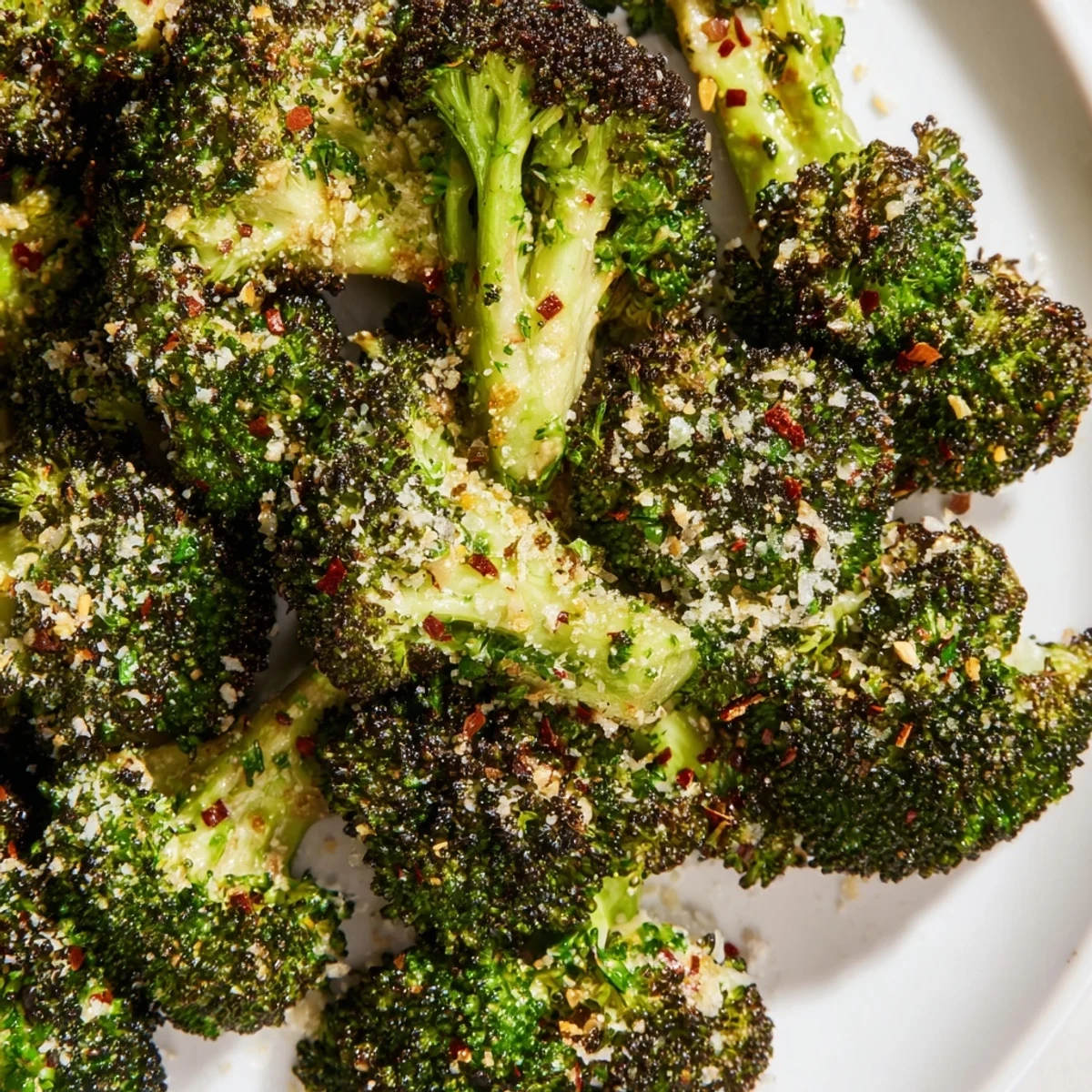 Oven roasted broccoli florets tossed with garlic and lemon zest, served warm.