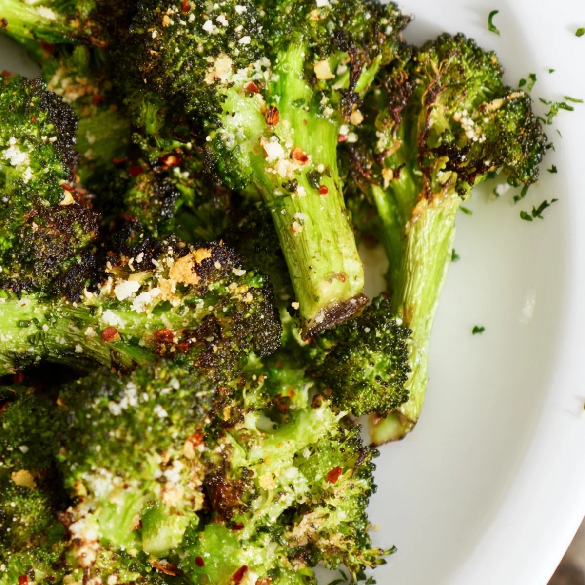Healthy vegan lemon garlic roasted broccoli topped with optional Parmesan, ready to serve.