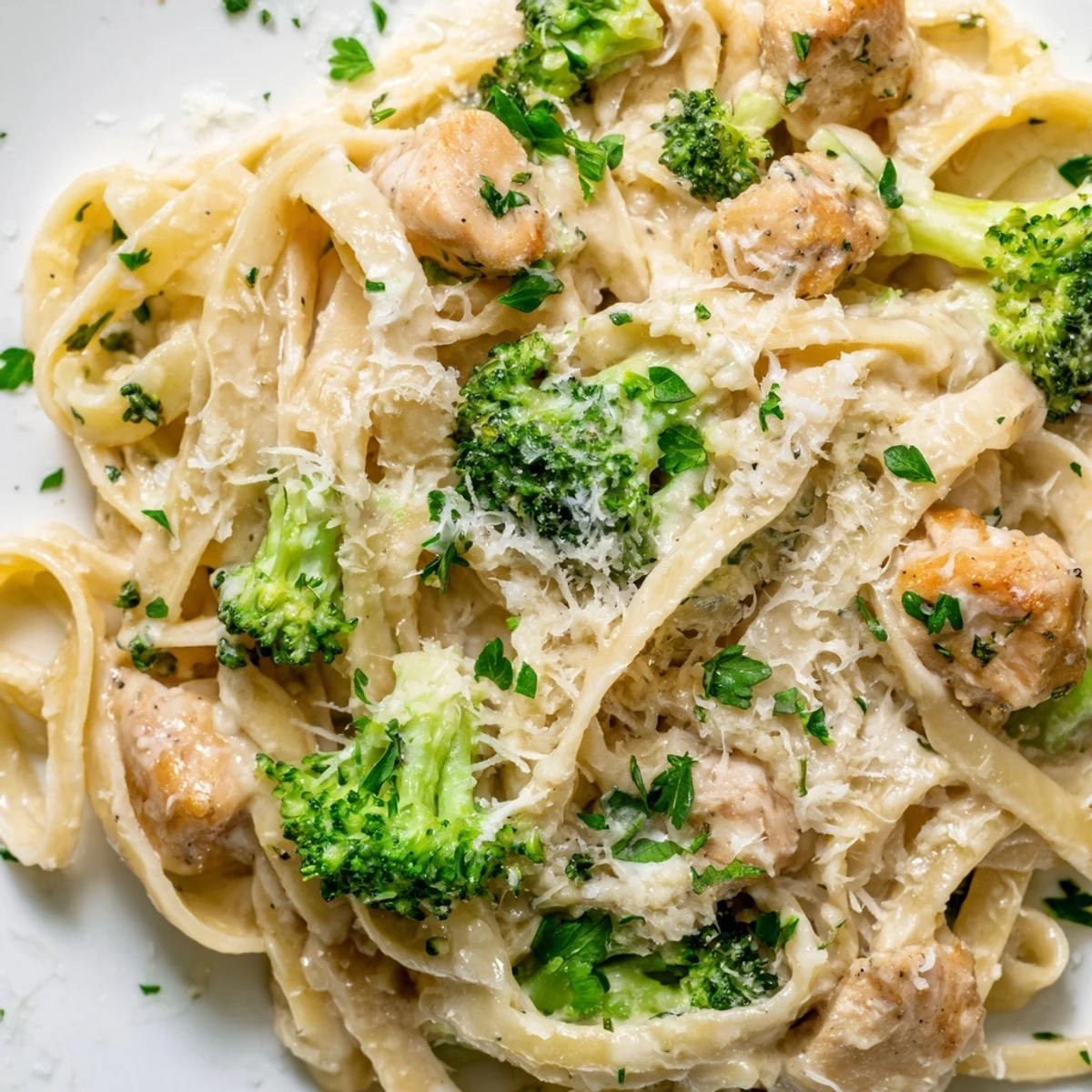 Creamy Chicken Alfredo with Broccoli tossed with fettuccine in a rich Parmesan sauce and tender chicken pieces.