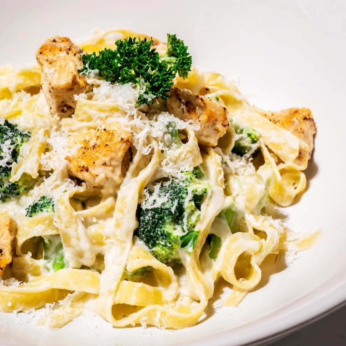 Savory Chicken Alfredo with Broccoli plated with a glass of white wine, perfect for a comforting weeknight dinner.