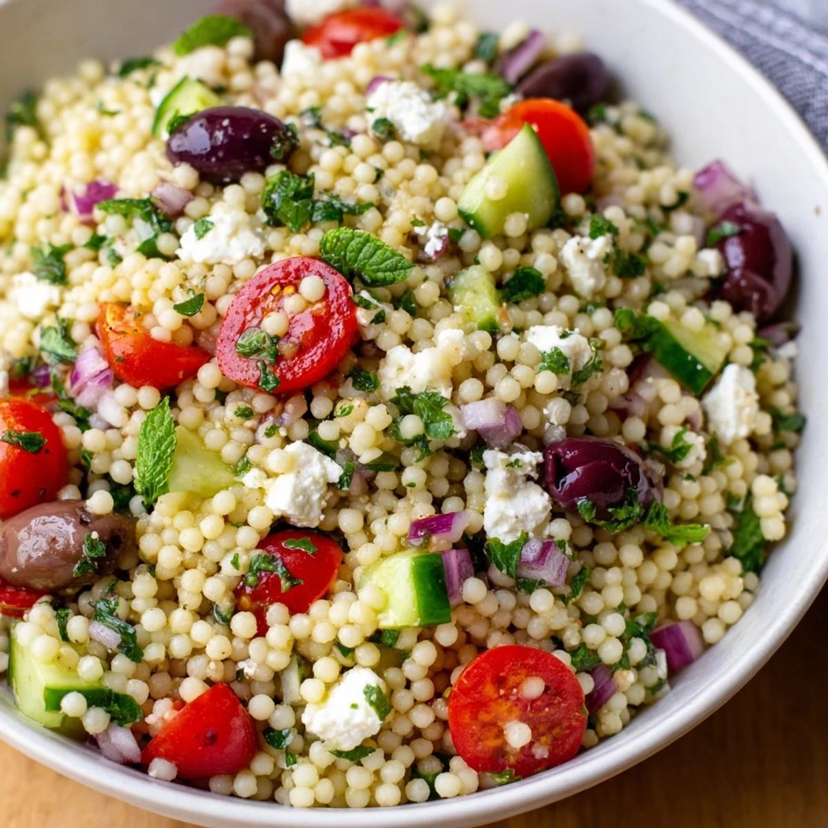 Fluffy couscous salad with cherry tomatoes, cucumbers, and feta, dressed in zesty lemon and olive oil for a refreshing side.