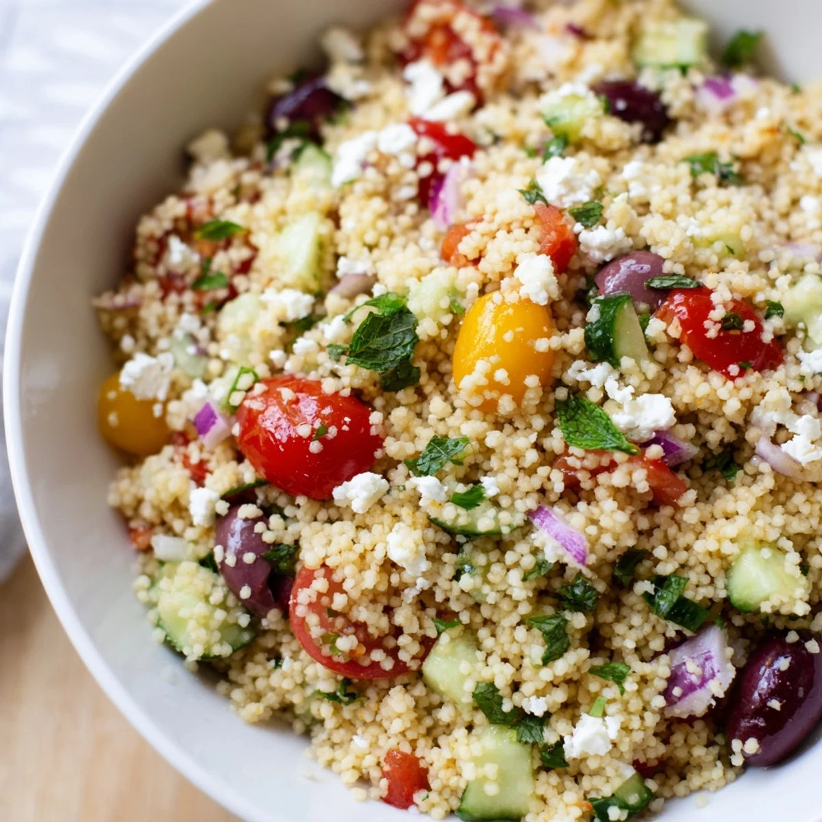 Serve this chilled couscous salad at potlucks, pairing the tangy feta and olives with grilled chicken or fish for dinner.