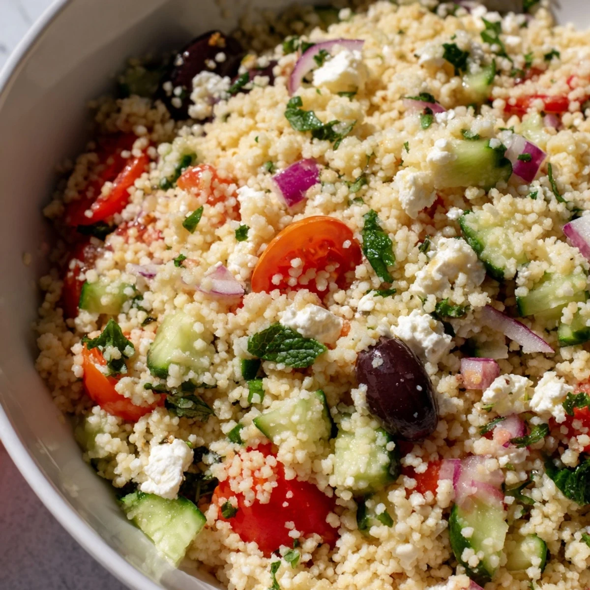 Bright Mediterranean couscous salad loaded with crisp red onions, Kalamata olives, and fresh herbs on a rustic serving platter.