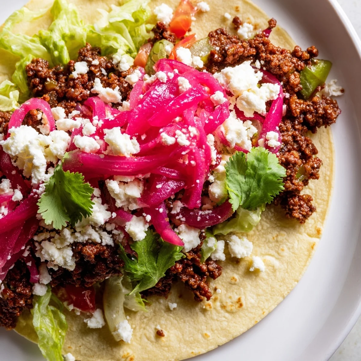 Juicy seasoned beef, crisp lettuce, and tangy pickled onions piled high on warm corn tortillas for easy Beef Tacos.