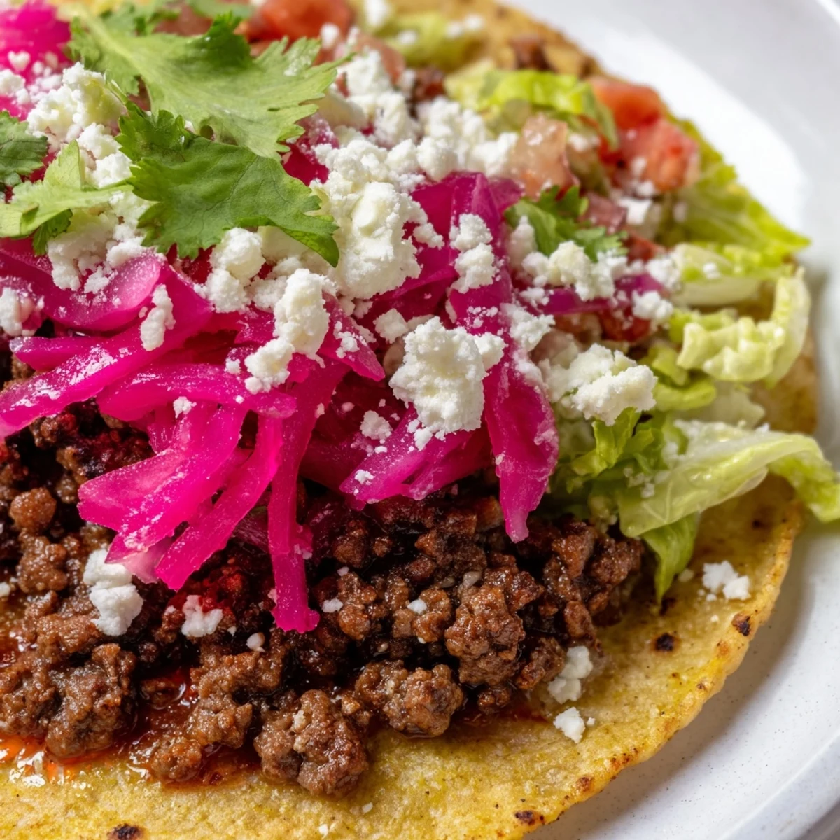 Freshly assembled Beef Tacos topped with diced tomatoes, crumbled feta, and vibrant pickled onions served with lime wedges.