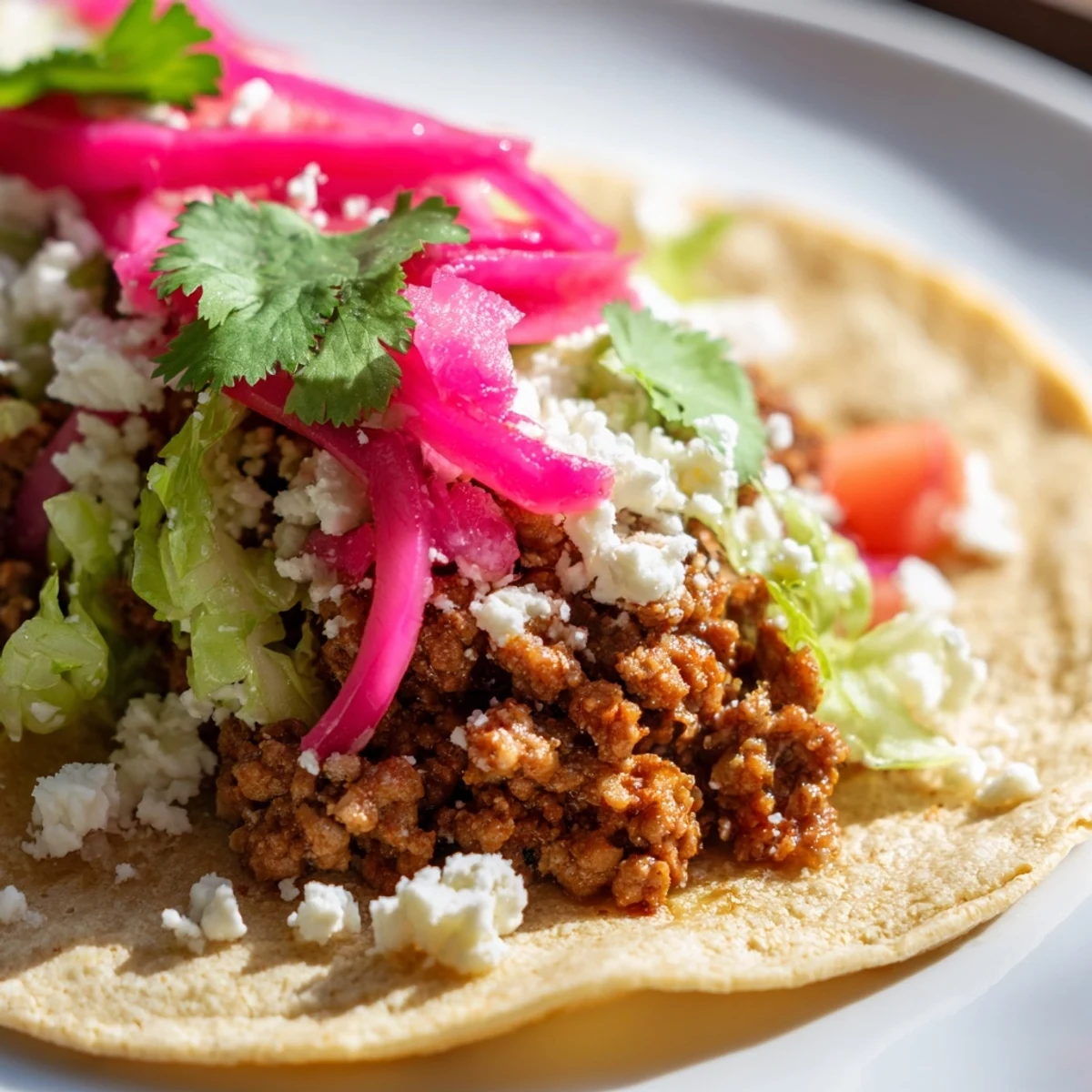Sizzling ground beef filling simmered with cumin and paprika spooned into toasted tortillas for classic Beef Tacos with onions.