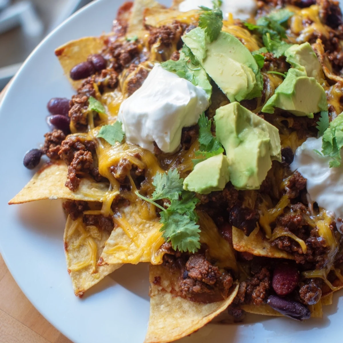Golden tortilla chips piled high with savory spiced beef, melted cheese, and hearty black beans.