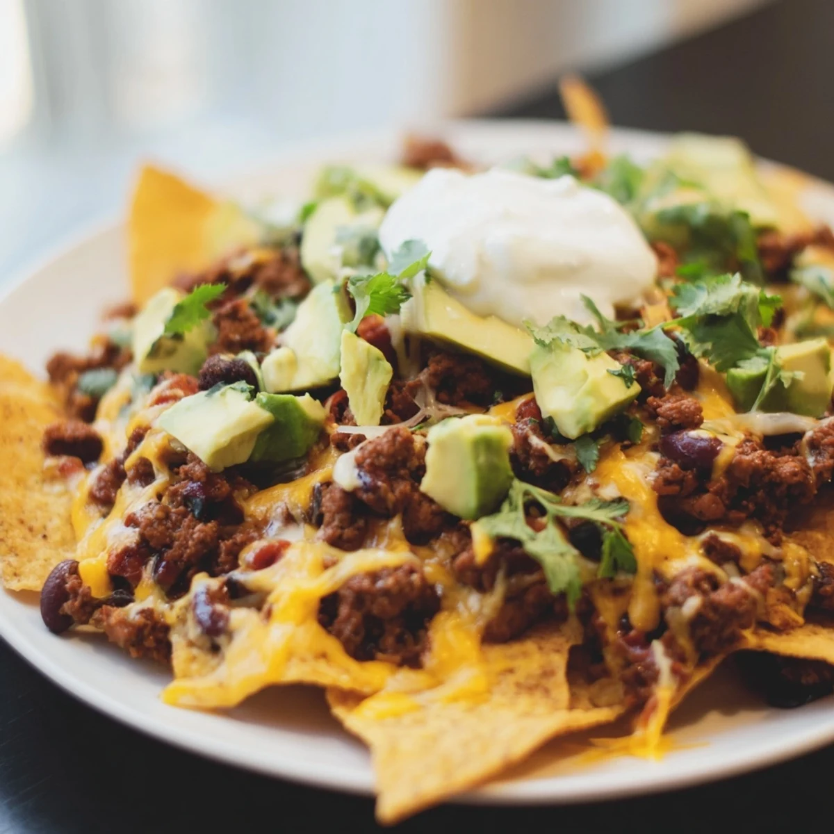 Fully loaded Beef Nachos with Black Beans served with creamy avocado and fresh toppings.