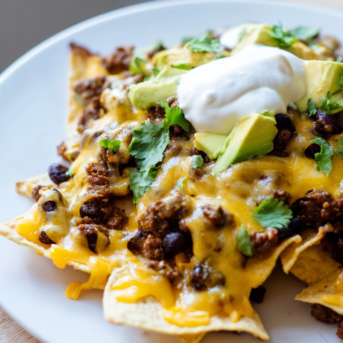 Freshly baked Beef Nachos with Black Beans topped with jalapeños, cilantro, and lime wedges.
