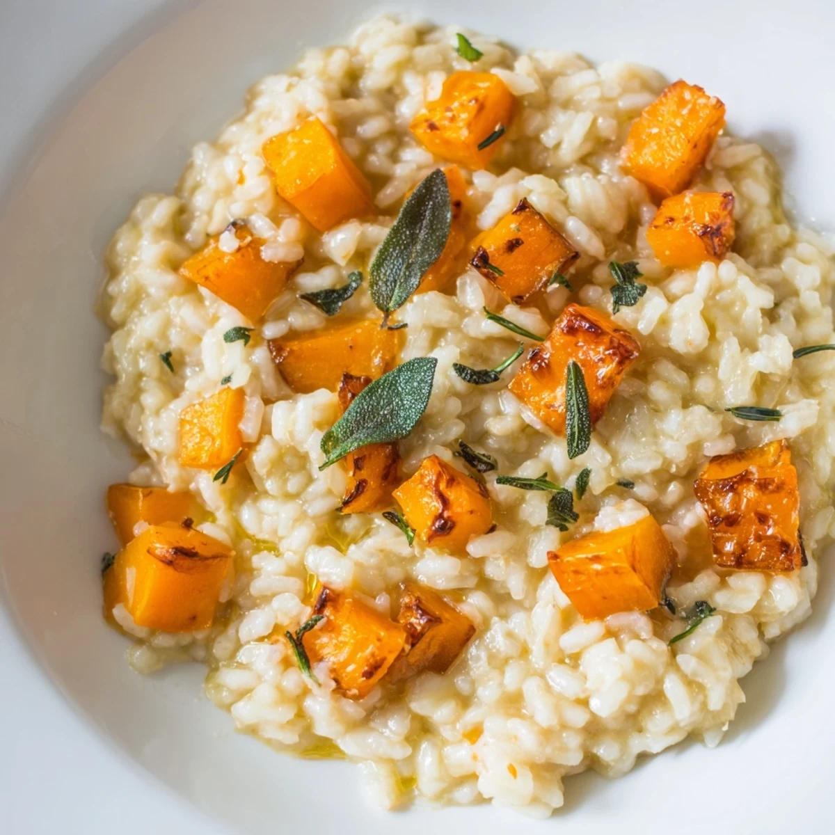 Creamy Roasted Butternut Squash Risotto served steaming in a bowl next to a glass of white wine.